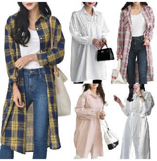 무지 체크 롱남방 여성 롱 원피스 블라우스 박시 셔츠 봄 오버핏 임산부 심플 베이직 벌룬 루즈핏 빅사이즈