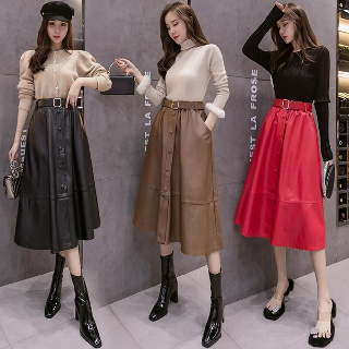 여성 벨트 PU 레더 밴딩 플레어 롱스커트 하늘비즈 A25 N339O228
