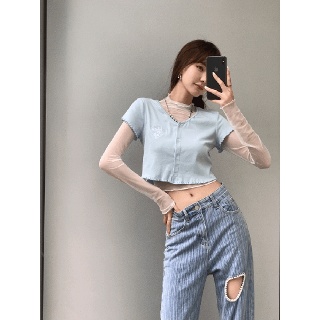 [데님/Stripe/Long]진주포인트의찢청으로귀여움연출