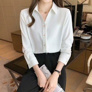 스팟 새틴 셔츠 봄 긴팔 셔츠 금속 버클 슬림 쉬폰 셔츠 블라우스