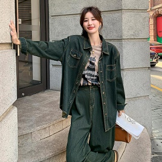 청청 셋업 세트 데님 코디 투피스 패션 청 자켓 레트로 루즈핏
