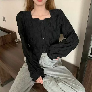 봄 가을 슬림 피트 복고풍 양각 스퀘어 칼라 랜턴 셔츠 여성을위한 세련된상의