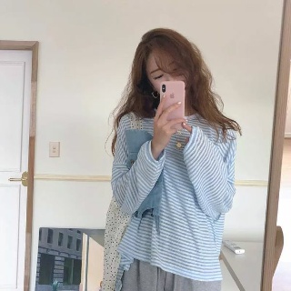 여름 루즈하고 단순 캐주얼 작은 줄무늬 자외선 차단 여성을위한 긴팔 티셔츠 탑