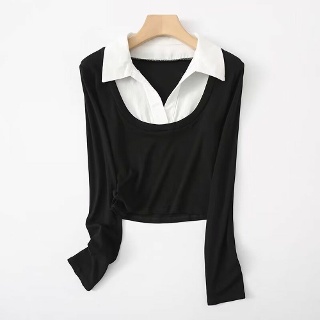짜리점 여자 키작녀 라운드넥티 봄가을 페이크카라넥 숏 슬림핏 긴팔 꾹3