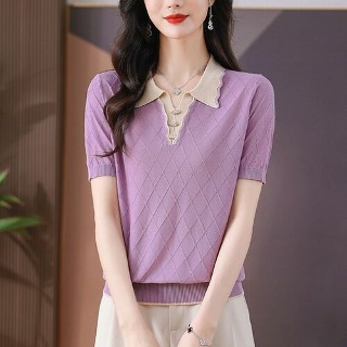 짜리점 여자 키작녀 라운드넥티 면 카라넥 블록 스웨터 라펠 반팔 티셔츠 캐주얼 여름 슬림 탑 꾹2