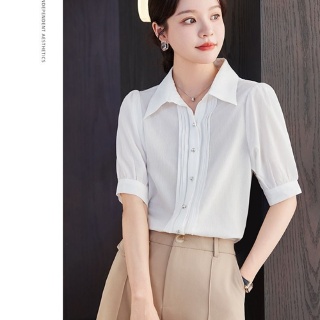 R2E 여성 무지데님 셔츠 오피스룩 반팔 러블리 블라우스 고급진 카라넥 지적인 젠2