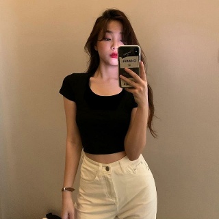 반팔 크롭 배꼽 티 다이어트 섹시 동안룩 운동 헬스 요가 필라테스