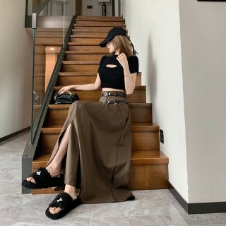 마르소 쉬폰스커트 크로스 트임 정장 스커트 봄가을 하이웨스트 빅블랙 롱 UNO3