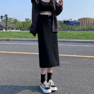 롱청치마 블랙진 롱스커트 라인 절개 검정색 하의