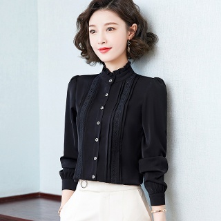 여자 쉬폰블라우 코디 봄가을 하이넥 화이트 쉬폰 이너 블라우스 DU