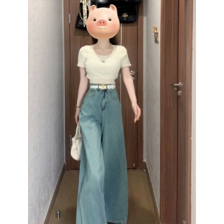 여자 카고치마바지 하이웨이스트 와이드 데님팬츠 가을 얇은 슬리퍼 치마바지 DU