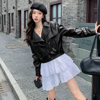 야무치 여자데일리룩 잠바 야상 사파리 KUK3 루즈핏 숏라이더 봄가을 키작 가죽 코트 빈티지 라이더복 PU
