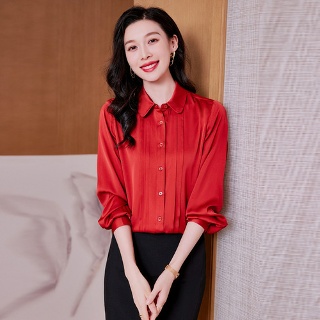 마르소 레이스블라우스 헤비 실크 셔츠 긴팔 봄 여름 시크 레드 경사 새틴 UNO2