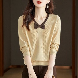 셉띠엠브레 브이넥니트 가을 여자 봄 니트 리본 브이넥 가을 긴팔 얇은 스웨터 UNO3