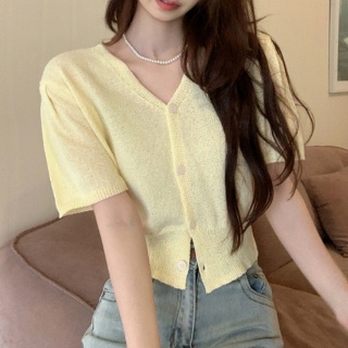 여성 베이직 퍼프 브이넥 반팔 가디건 2컬러