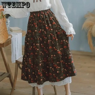 프릴스커트 주름치마 여성 쉬폰 플레어 스커트 WTEMPO 일본 소녀 미디 스커트하이 웨이스트 네이비 다크 브