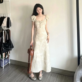 스퀘어넥꽃무늬 드레스 휴가 하늘색 A라인 롱 하이엔드