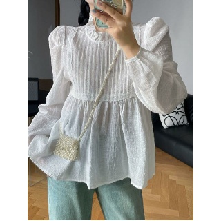 핀턱 레이스 블라우스 주름 셔츠 봄 하이넥 프릴 얇은 흰색 여름 플리츠 루즈핏 여성