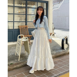 플레어 리본 캉캉 밴딩 롱 스커트