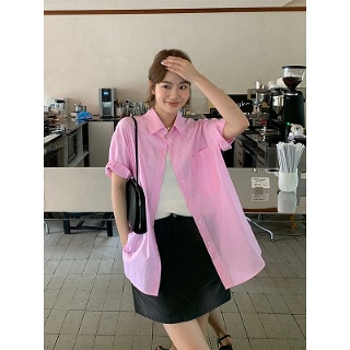 여성 스트라이프 셔츠 핑크 블루 카라 포켓 반팔 여름 남방 줄무늬 캐주얼 루즈핏 오버핏
