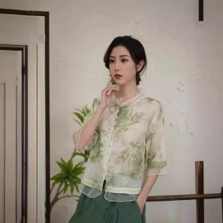 피콜로 여자데일리룩 간절기 카디건 루즈핏 모시 프린팅 하이넥 칠부소매 슬림핏 셔츠 예술적인 빈티지 헴프 프린
