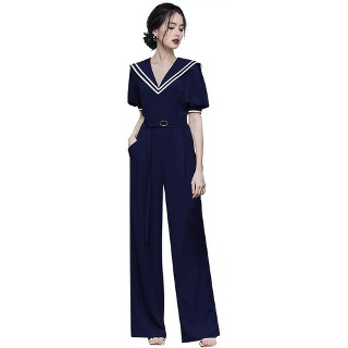 띠엔다 점프슈트 여성 바지 하이웨스트 슬림핏 와이드팬츠 여름 카라넥 퍼프소매 UNO2