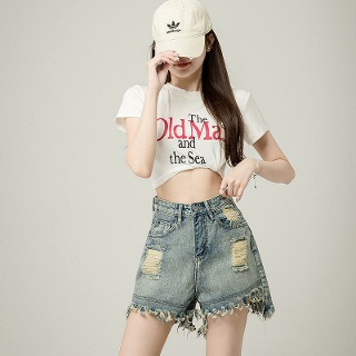 여성 청반바지 여름 4부 데님 찢어진 중청 흑청 연청