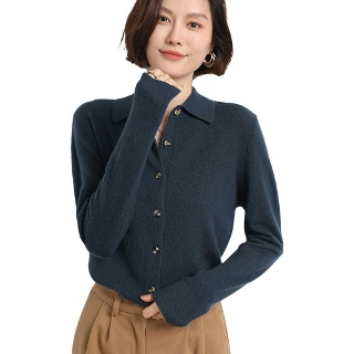 여성용 폴로 카디건 스웨터 단색 버튼 긴소매 클래식 넥 니트 카디건 스웨터, 네이비